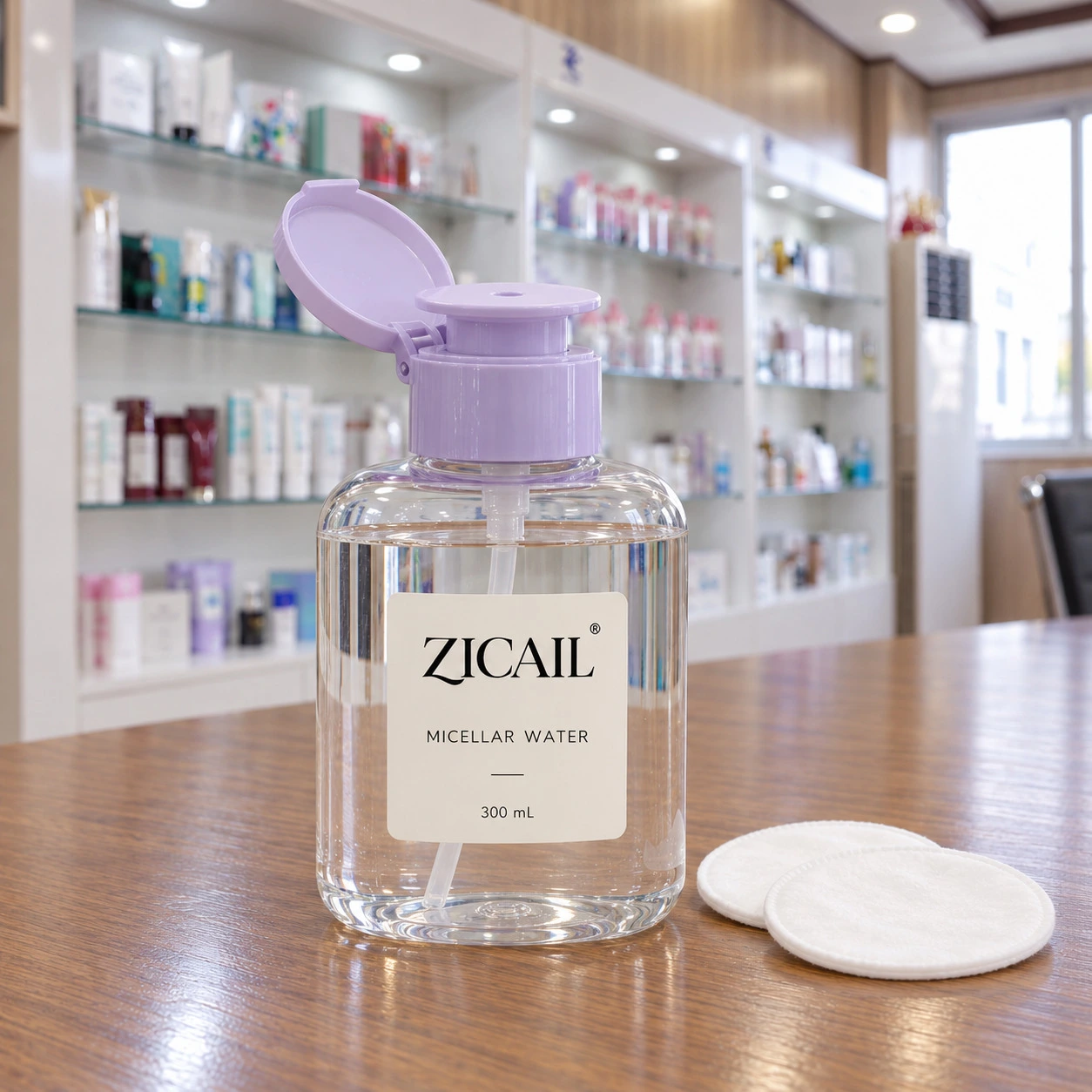라벤더색 화장솜 프레스 디스펜서가 있는 투명 보틀의 ZICAIL 미셀라 워터