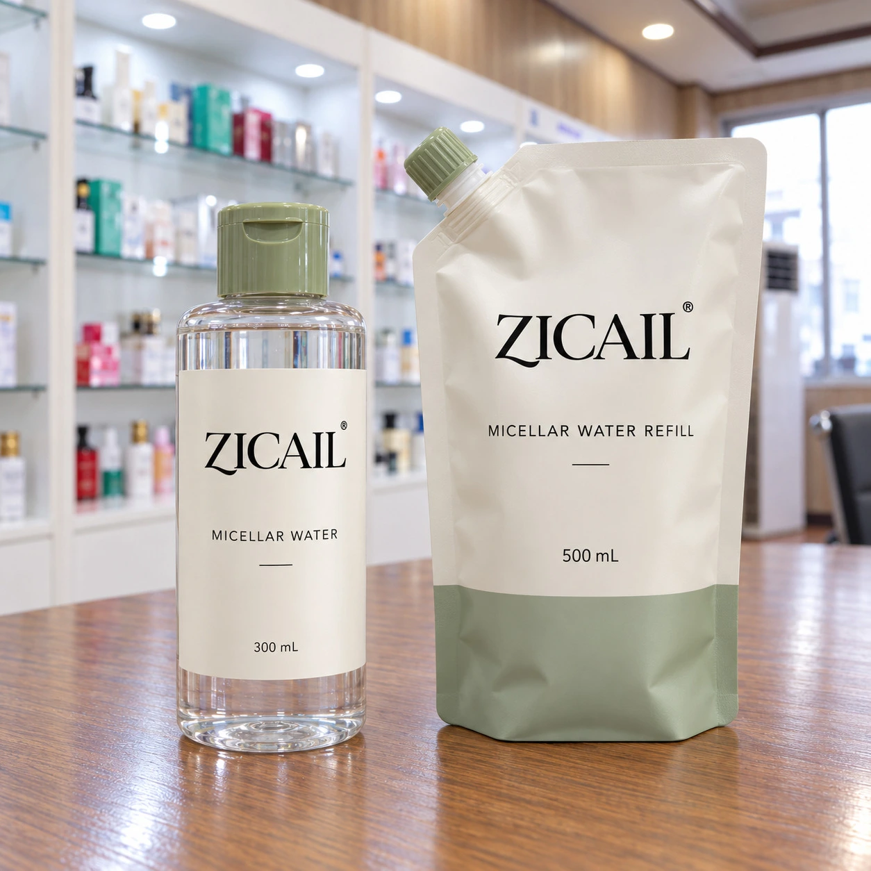 세이지 그린 리필 파우치와 투명 보틀을 조합한 ZICAIL 미셀라 워터