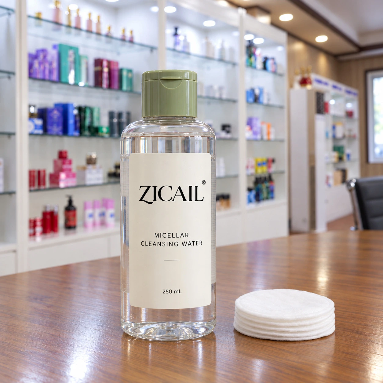 세이지 그린 플립캡이 있는 투명 원형 보틀의 ZICAIL 미셀라 워터