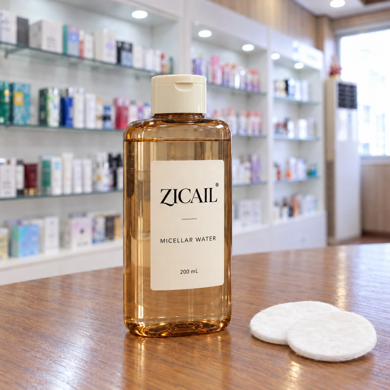 아이보리 플립캡이 있는 앰버 사각 보틀의 ZICAIL 미셀라 워터