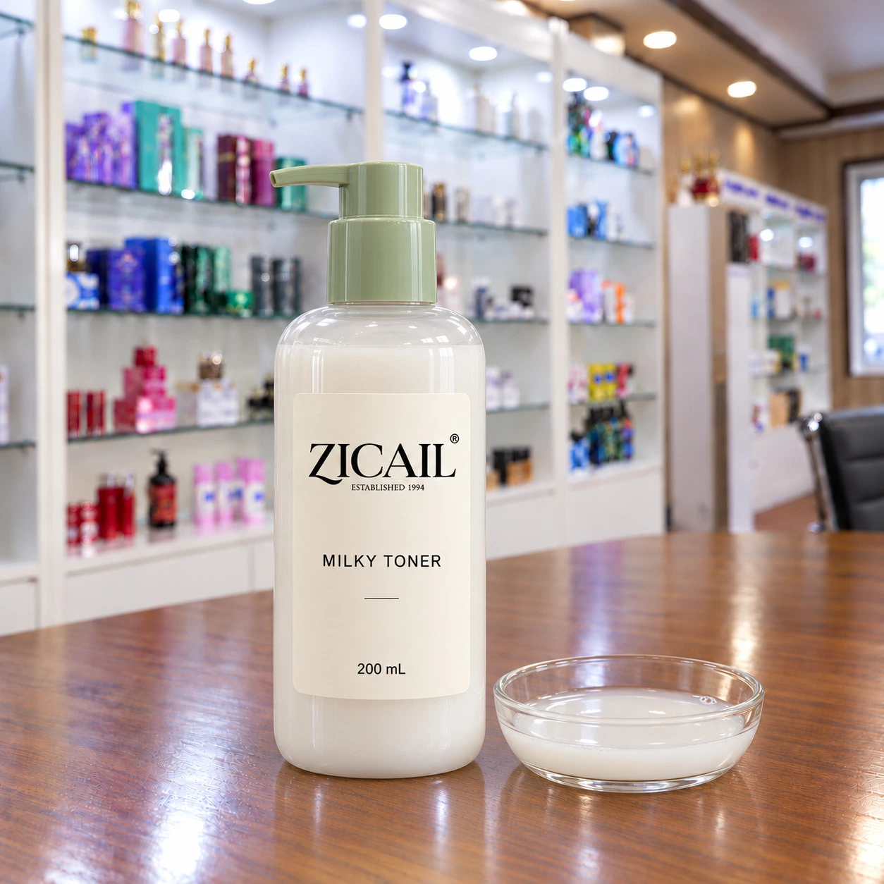 ZICAIL Milky Toner in einer transparenten Flasche mit salbeigrüner Pumpe neben einer Texturschale