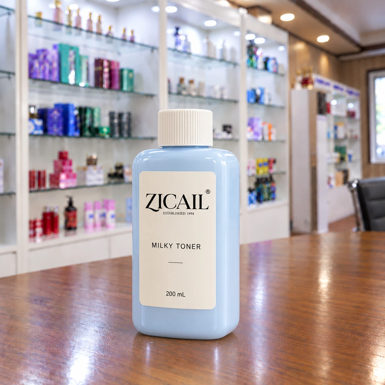 ZICAIL Milky Toner in einer hellblauen rechteckigen Flasche mit elfenbeinfarbenem Schraubverschluss