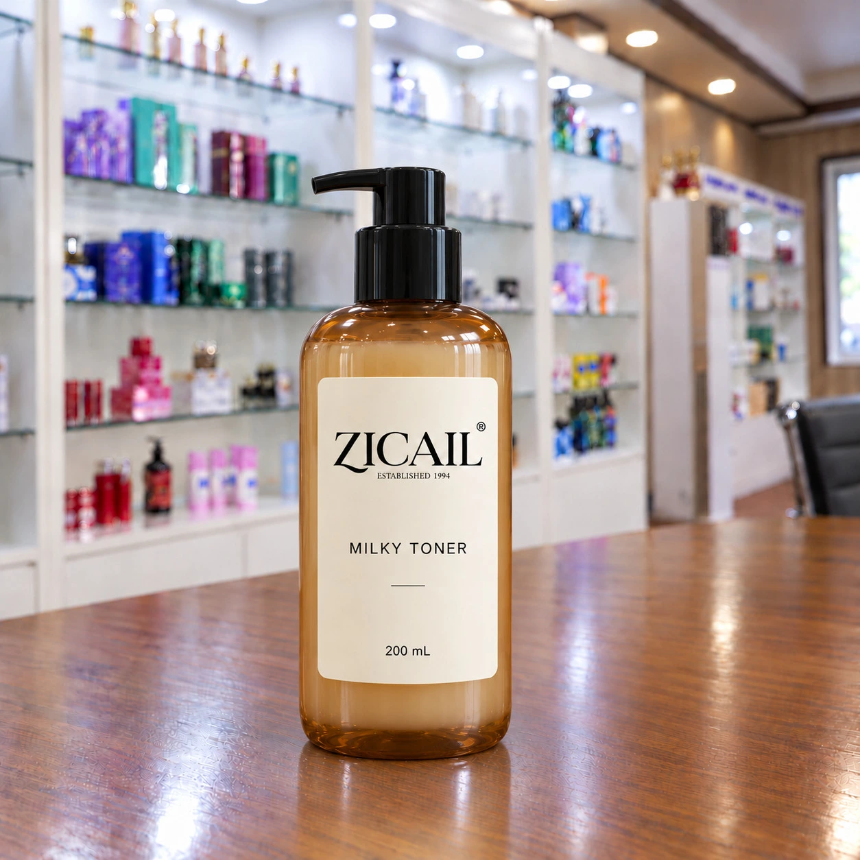 ZICAIL Milky Toner in einer bernsteinfarbenen Flasche mit schwarzer Dosierpumpe