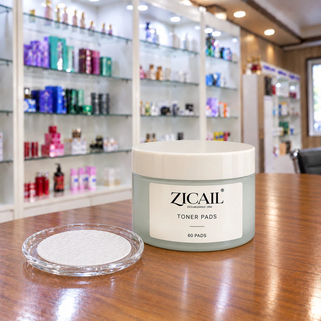 ZICAIL toner pads in a frosted round jar with an ivory screw lid