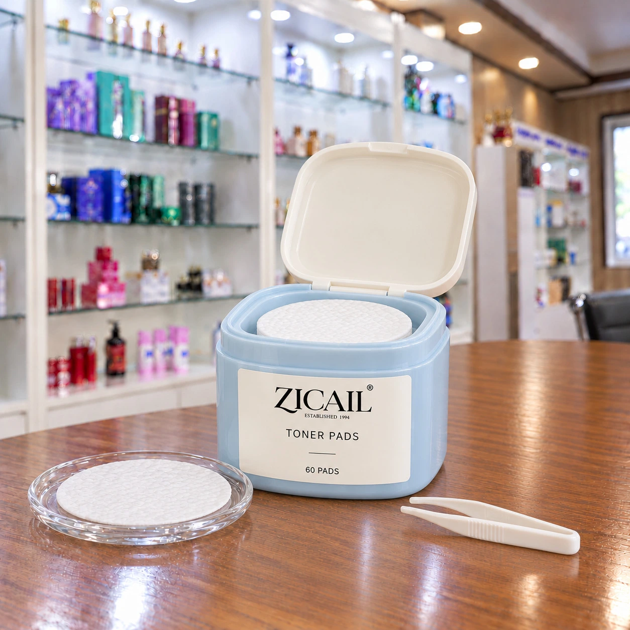 ZICAIL toner pads in a pale blue square jar with an ivory flip lid