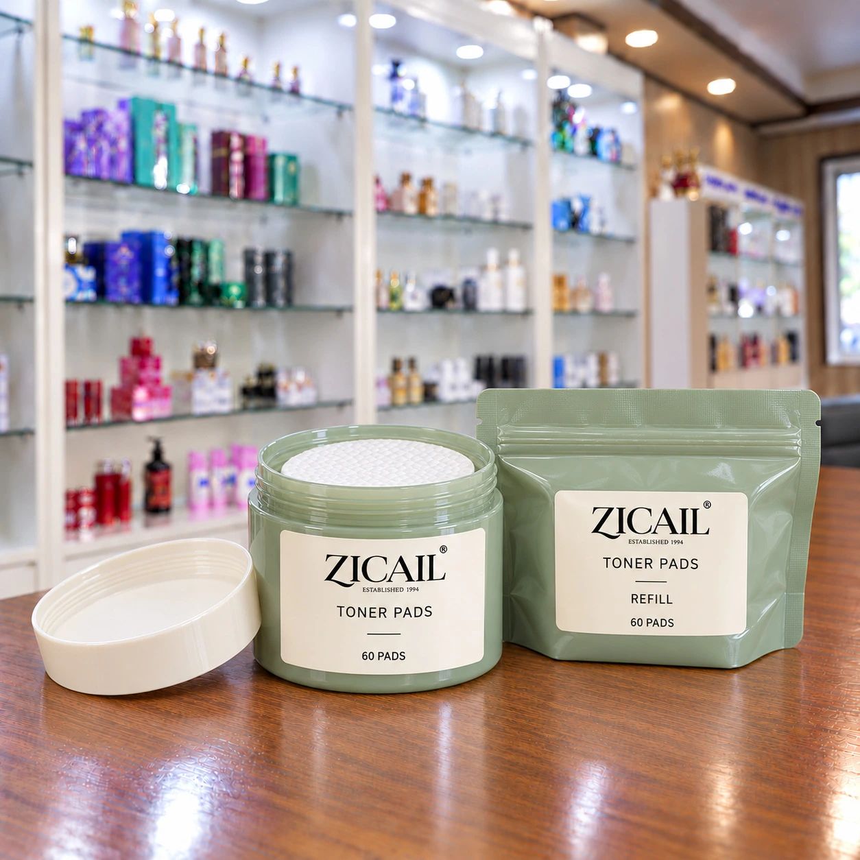 ZICAIL toner pads in a sage green jar with a matching refill pouch